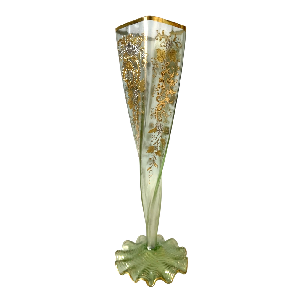 Antique Bohemian Czech Twisted Opalescent Glass Vase - Gilt Enamel Grapes