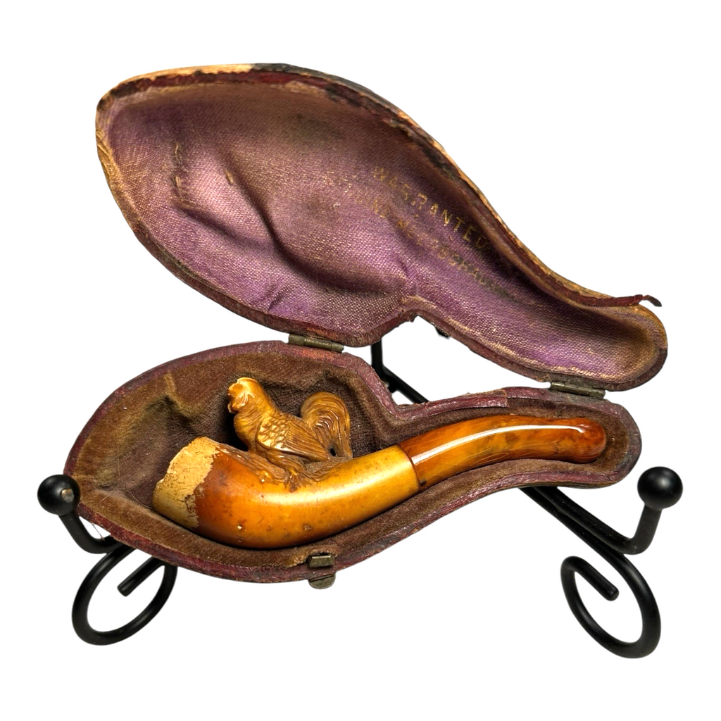 Antique Meerschaum Carved Chicken Pipe with Amber Mouthpiece (Original Case)