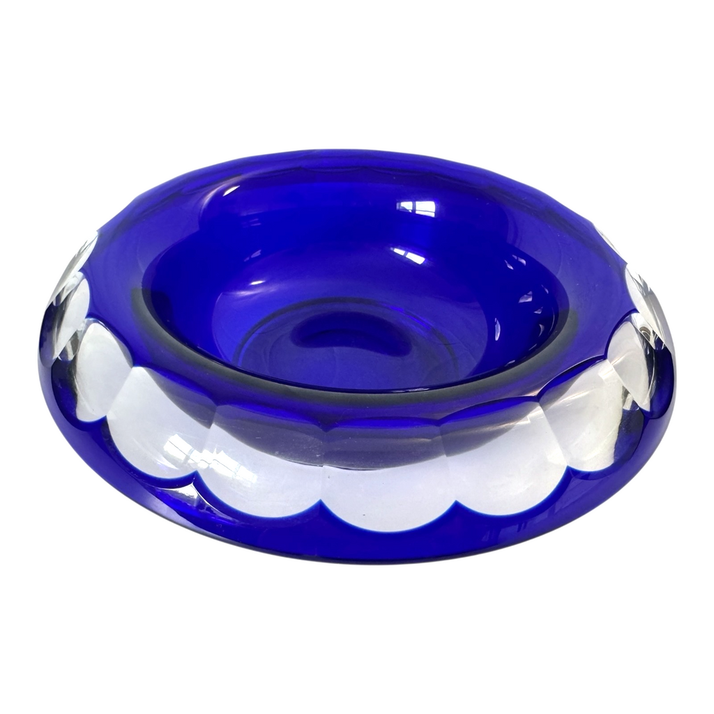 Vintage Moser Cut to Clear Blue Art Glass Centerpiece Bowl with Rolled Rim