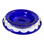 Vintage Moser Cut to Clear Blue Art Glass Centerpiece Bowl with Rolled Rim