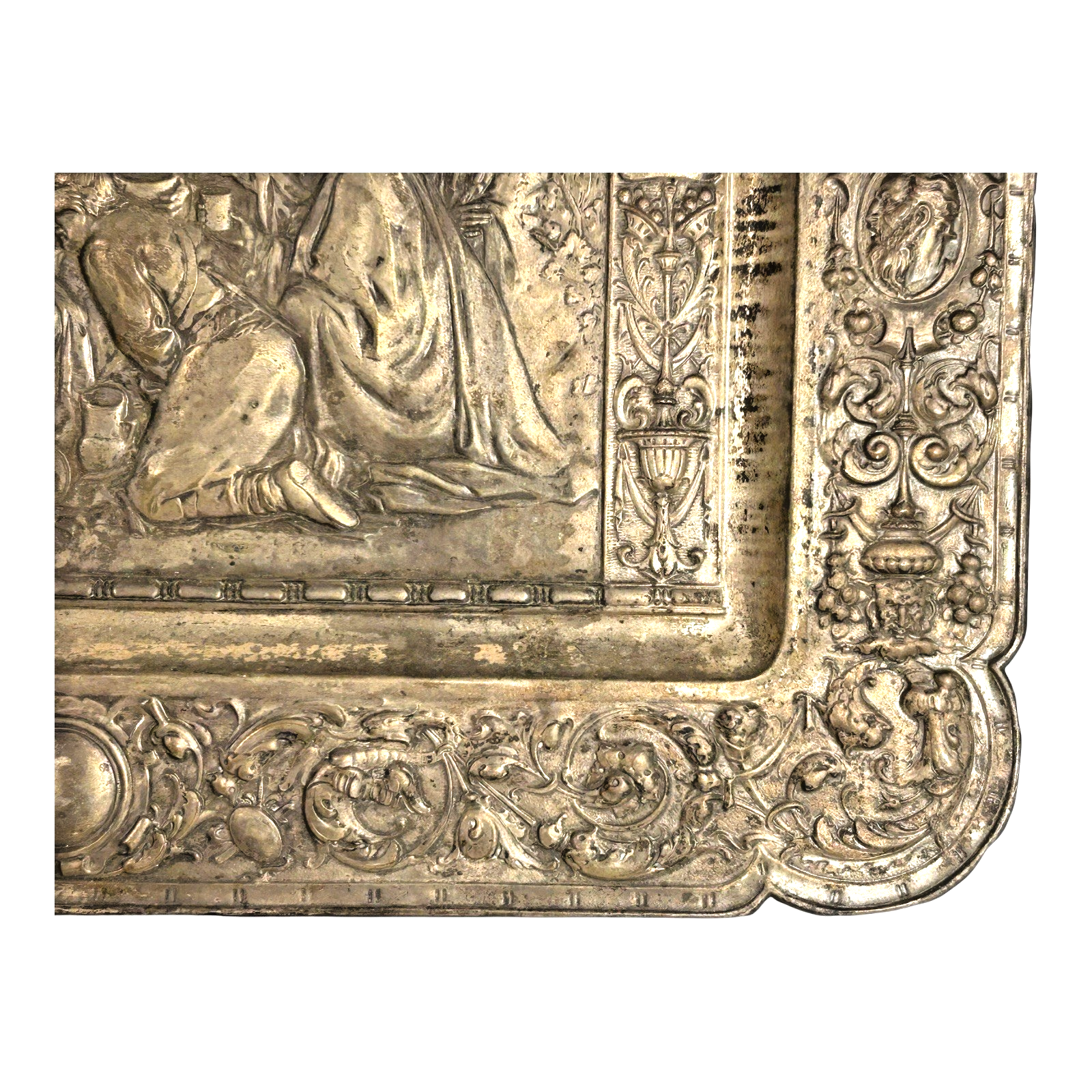 Antique Repousse Copper Relief Plaque Classical Figural Scene Wall Hanging