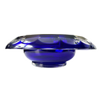 Vintage Moser Cut to Clear Blue Art Glass Centerpiece Bowl with Rolled Rim