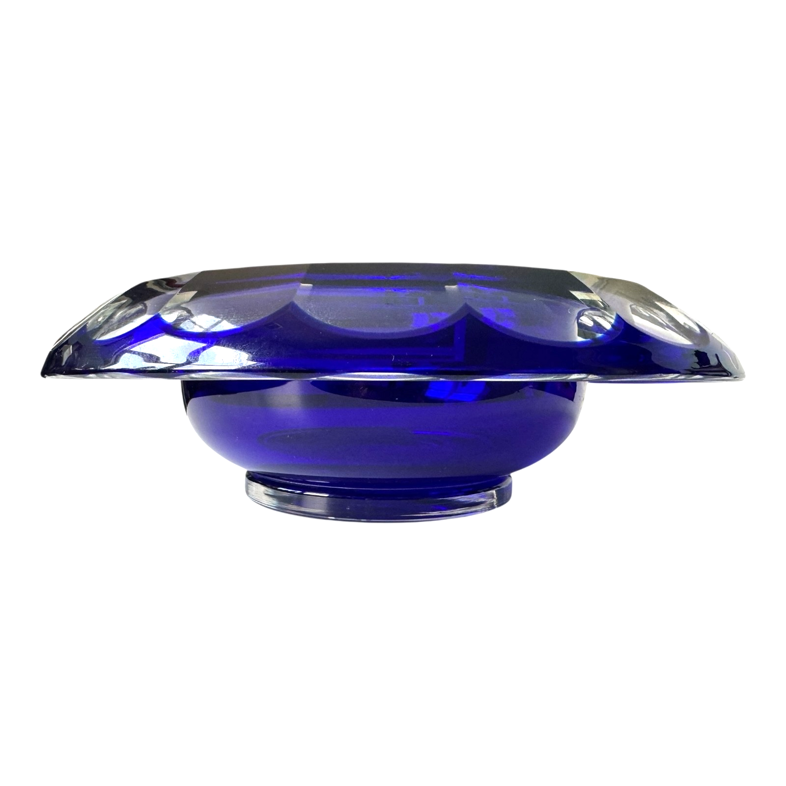 Vintage Moser Cut to Clear Blue Art Glass Centerpiece Bowl with Rolled Rim