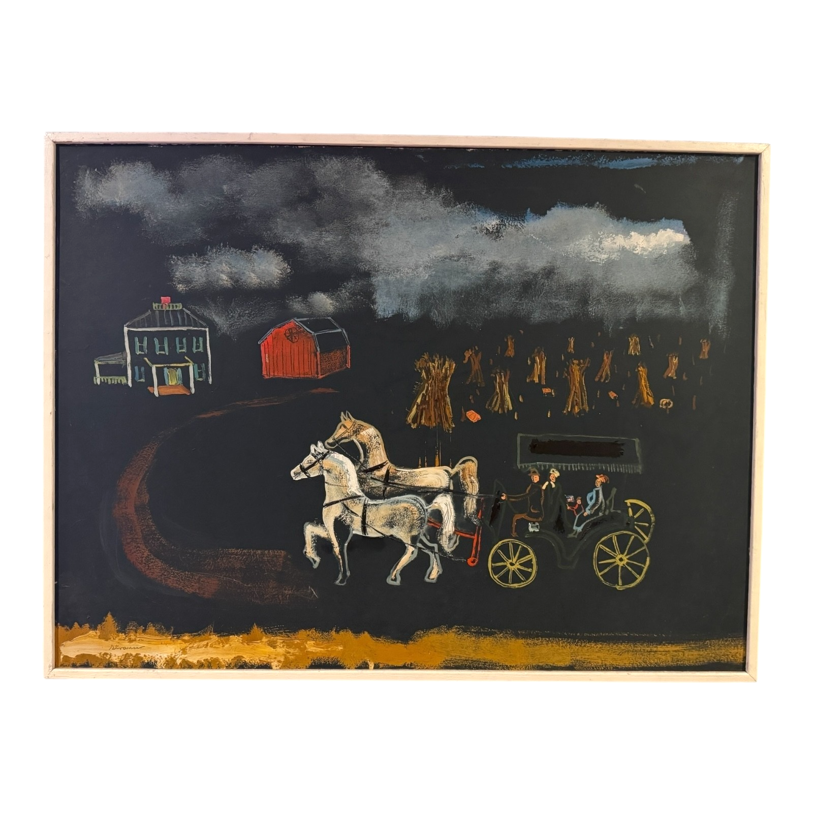 Vintage Large Signed Strauser Folk Art Horse Painting, Rural Farm Scene