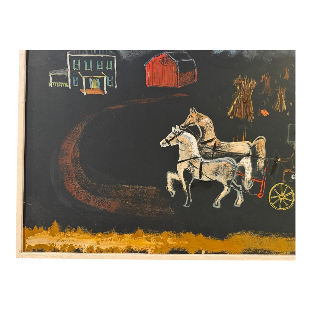 Vintage Large Signed Strauser Folk Art Horse Painting, Rural Farm Scene