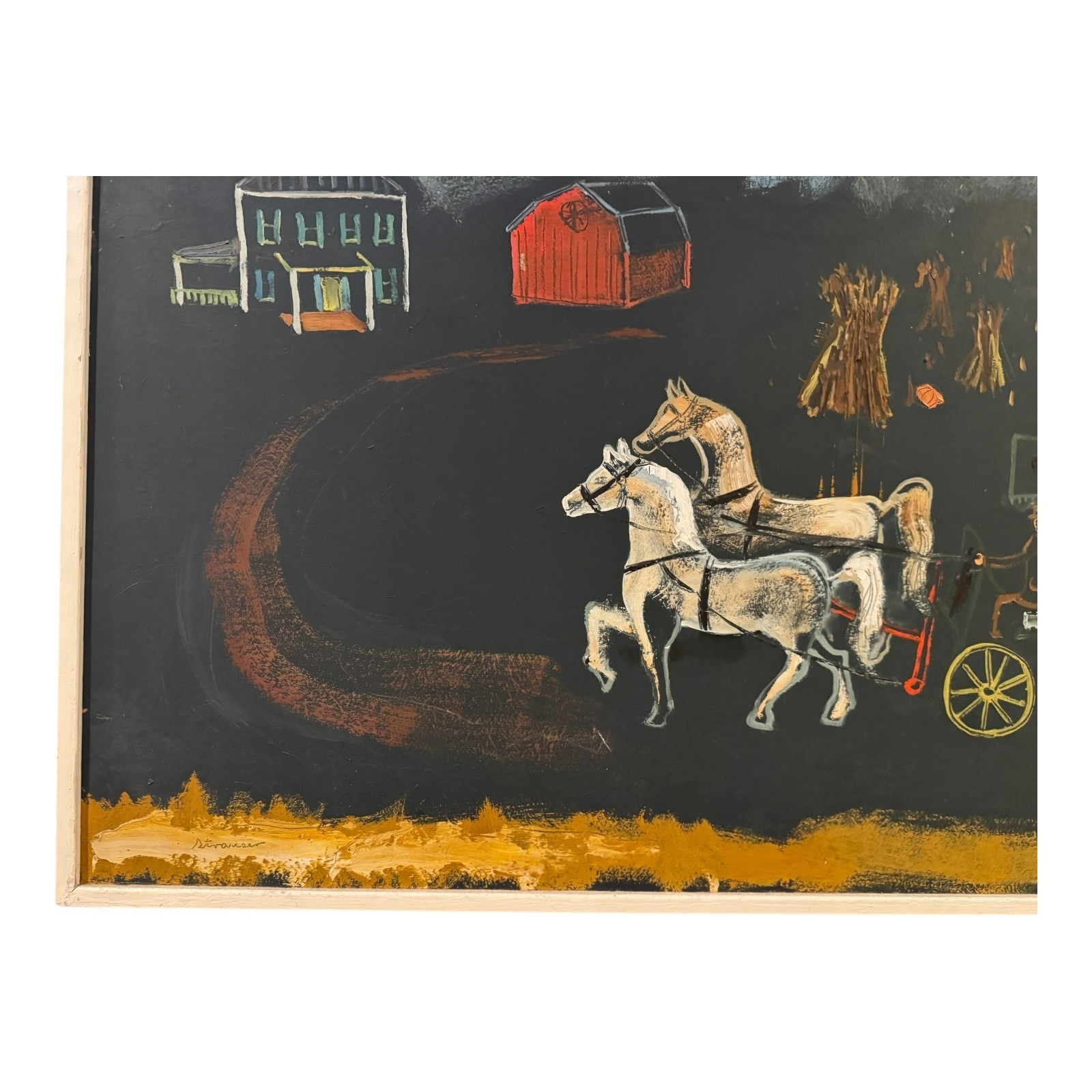 Vintage Large Signed Strauser Folk Art Horse Painting, Rural Farm Scene