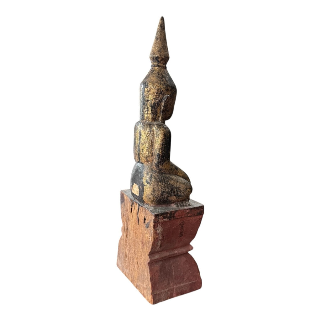 Antique Asian Burmese Wooden Seated Buddha Statue on Red Painted Base