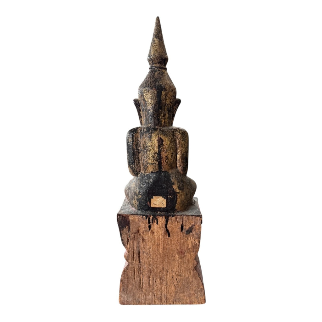 Antique Asian Burmese Wooden Seated Buddha Statue on Red Painted Base