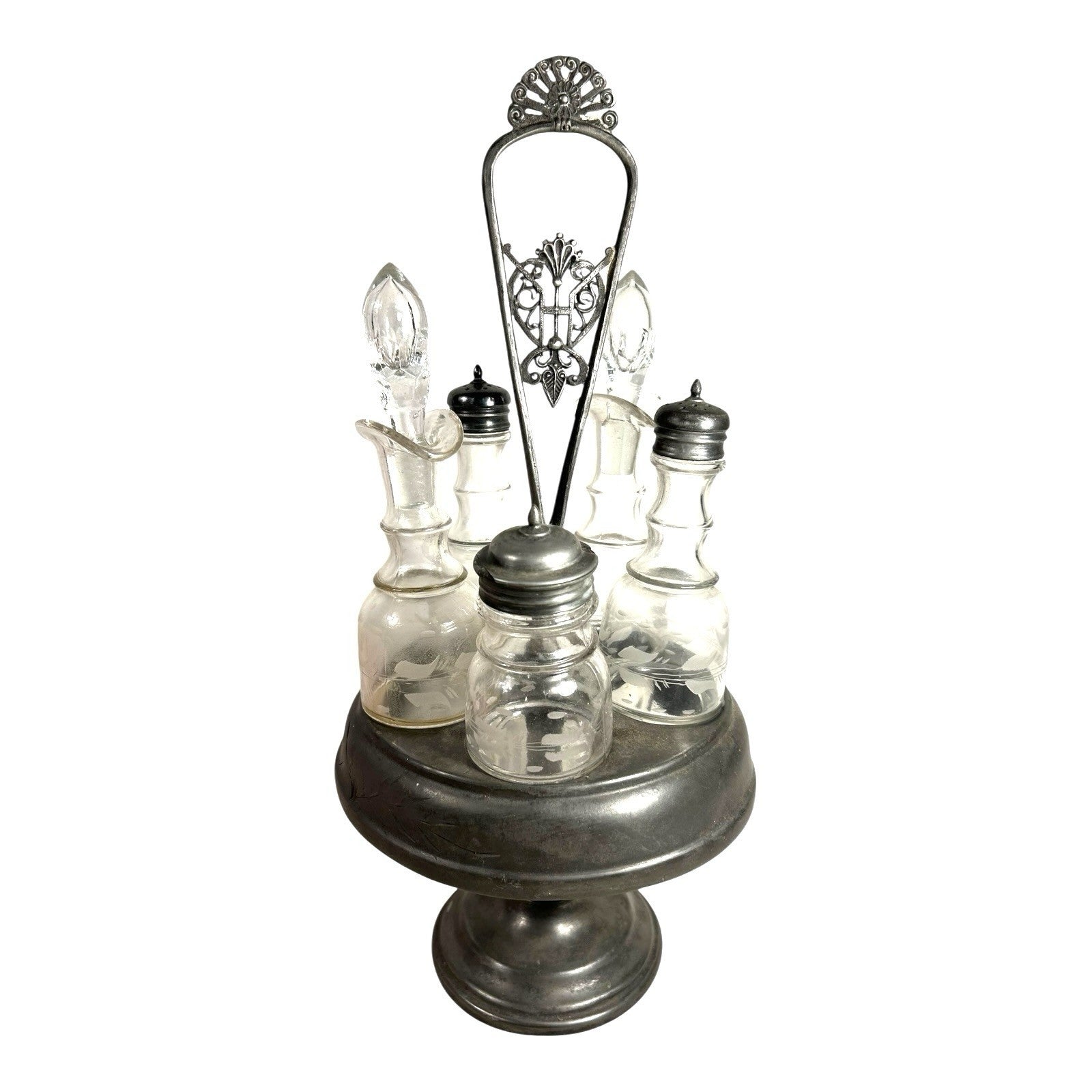 Antique 5 Piece Spinning Silverplate Condiment Set