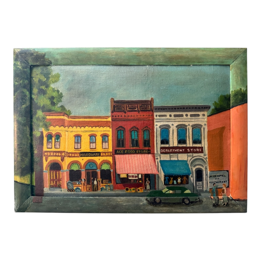 Antique Folk Art Downtown Street Scene Oil Painting on Board