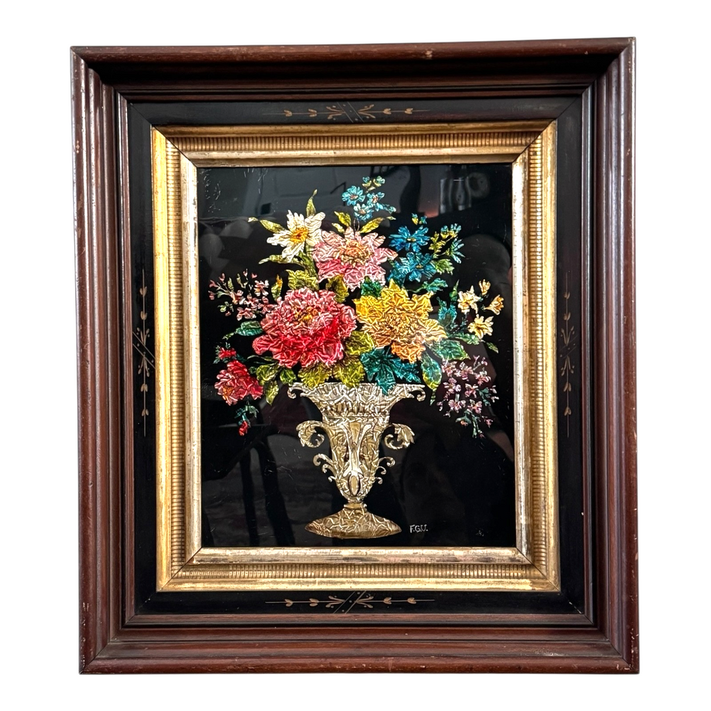 Antique Folk Art Reverse Tinsel Painting of Flower Bouquet in Urn, Gilt Framed