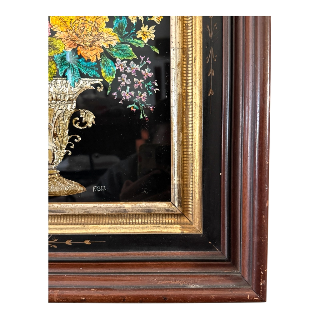 Antique Folk Art Reverse Tinsel Painting of Flower Bouquet in Urn, Gilt Framed