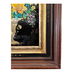 Antique Folk Art Reverse Tinsel Painting of Flower Bouquet in Urn, Gilt Framed