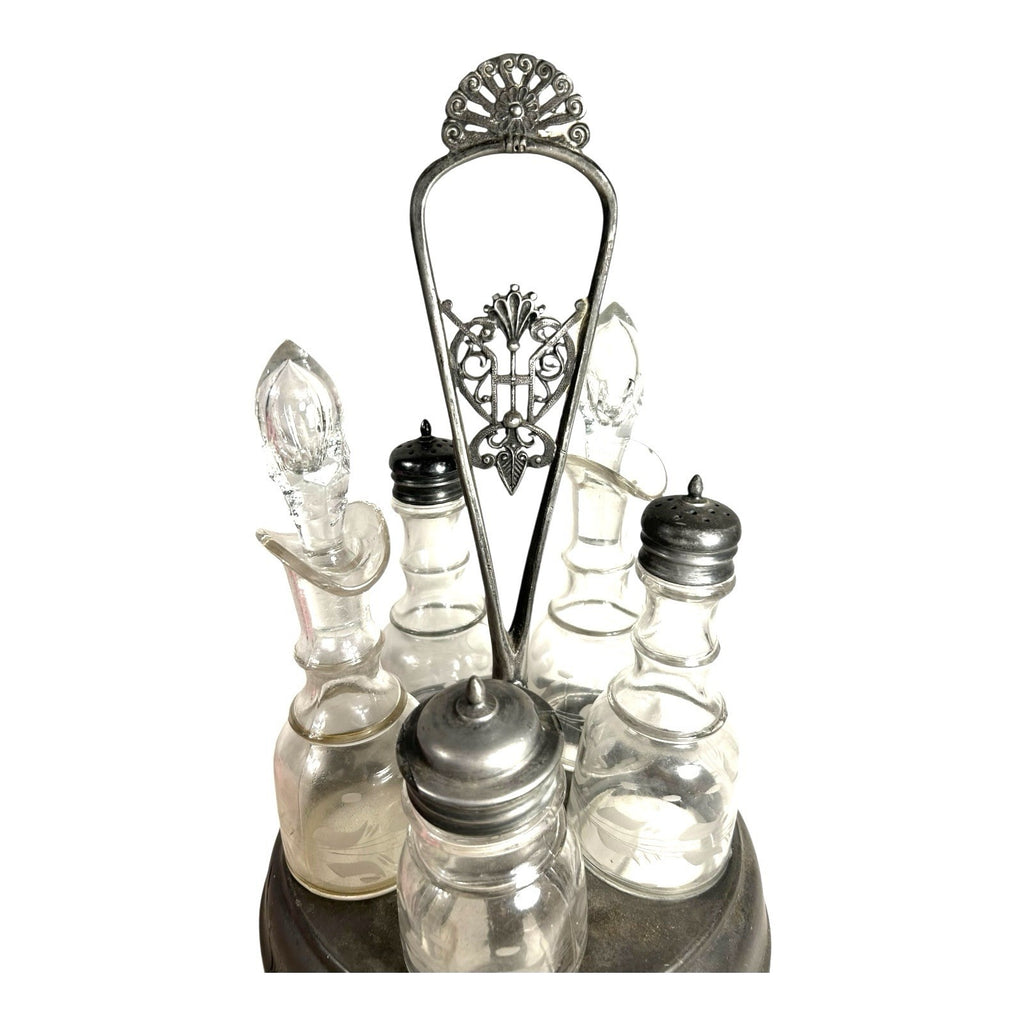 Antique 5 Piece Spinning Silverplate Condiment Set