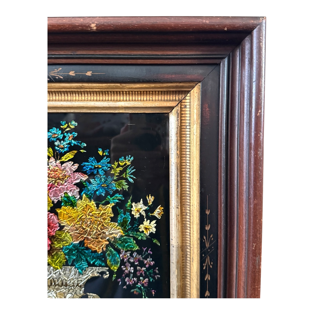 Antique Folk Art Reverse Tinsel Painting of Flower Bouquet in Urn, Gilt Framed