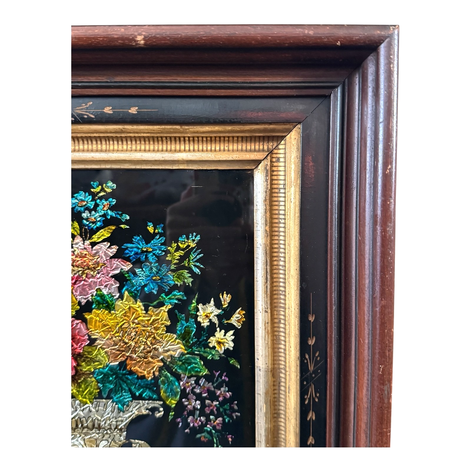 Antique Folk Art Reverse Tinsel Painting of Flower Bouquet in Urn, Gilt Framed