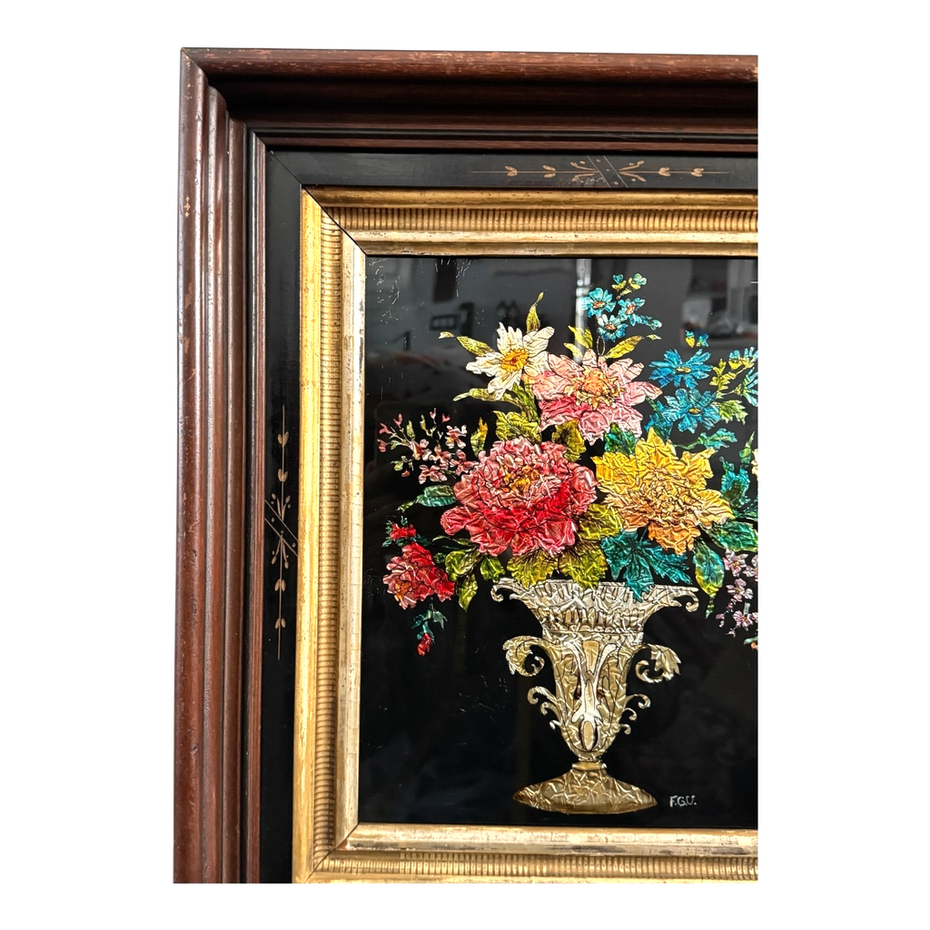 Antique Folk Art Reverse Tinsel Painting of Flower Bouquet in Urn, Gilt Framed