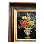 Antique Folk Art Reverse Tinsel Painting of Flower Bouquet in Urn, Gilt Framed