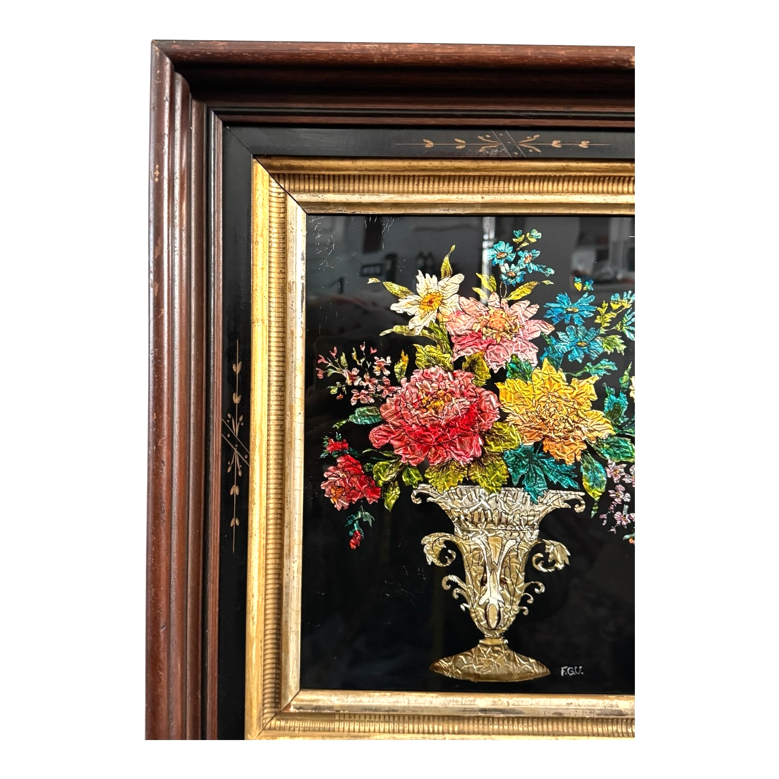 Antique Folk Art Reverse Tinsel Painting of Flower Bouquet in Urn, Gilt Framed