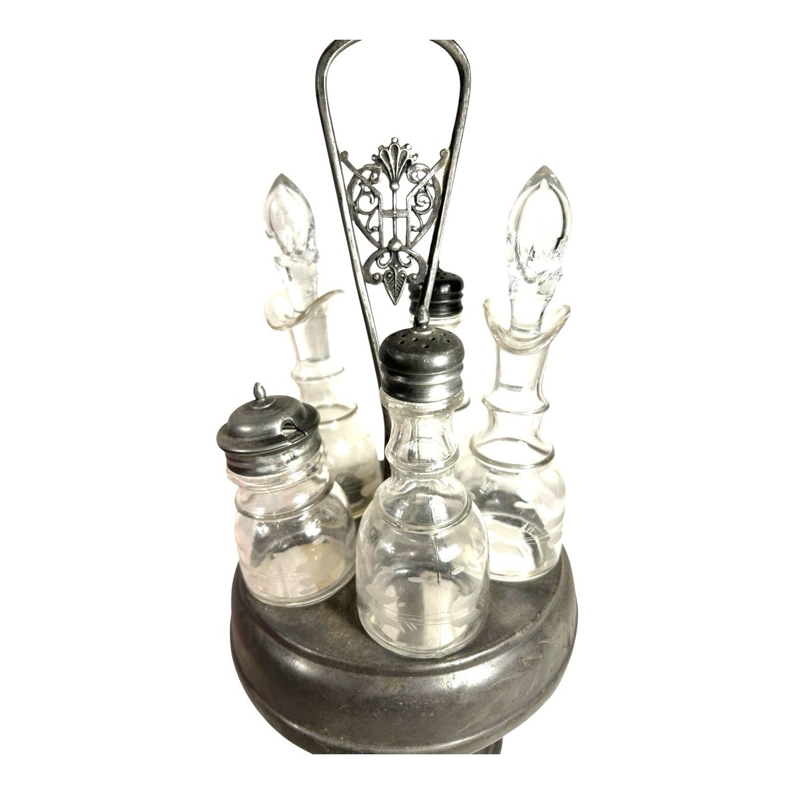 Antique 5 Piece Spinning Silverplate Condiment Set