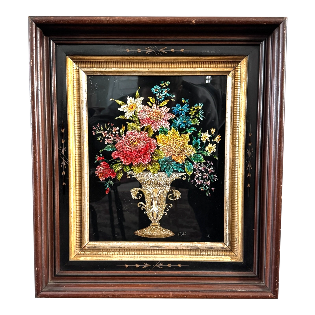Antique Folk Art Reverse Tinsel Painting of Flower Bouquet in Urn, Gilt Framed