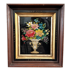Antique Folk Art Reverse Tinsel Painting of Flower Bouquet in Urn, Gilt Framed