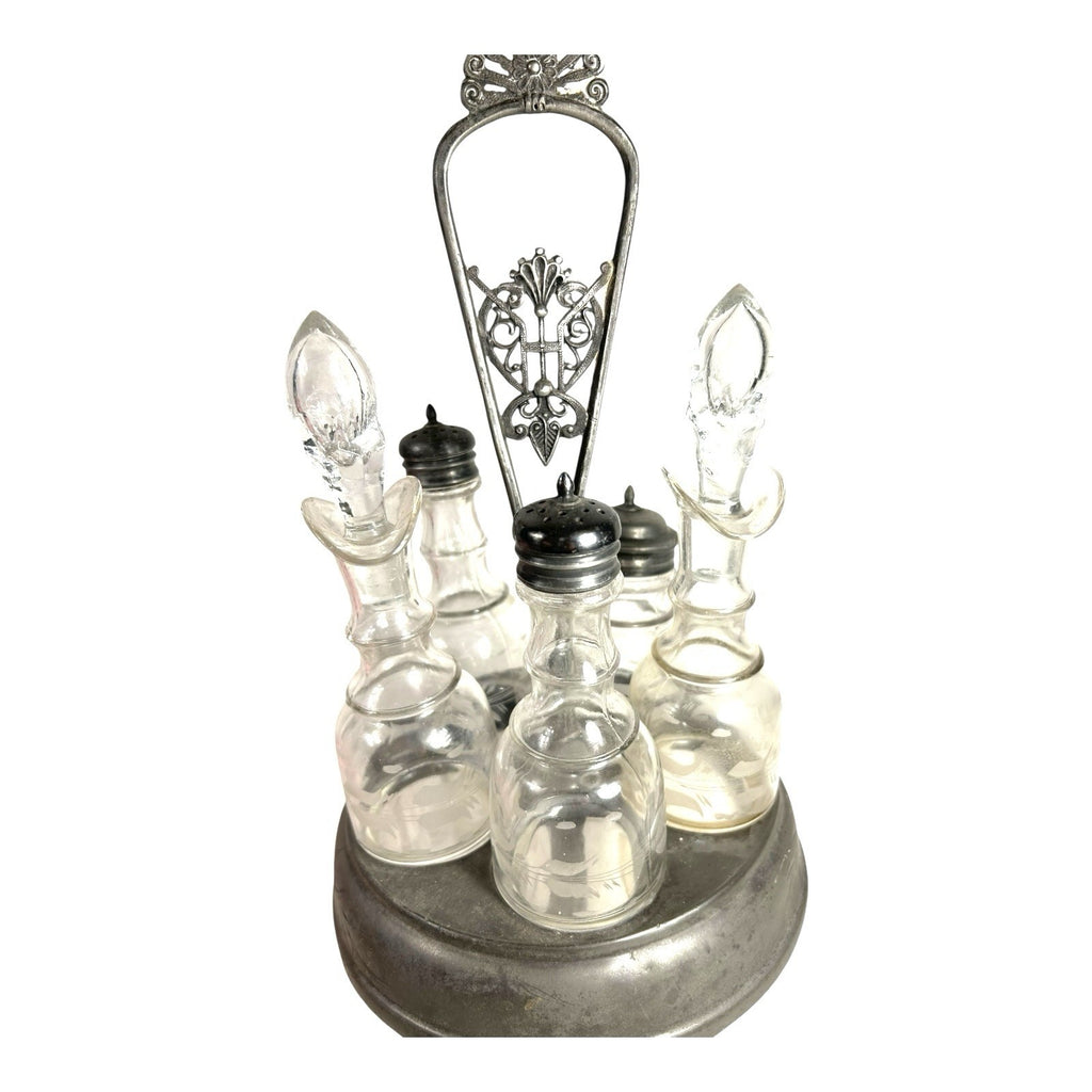 Antique 5 Piece Spinning Silverplate Condiment Set