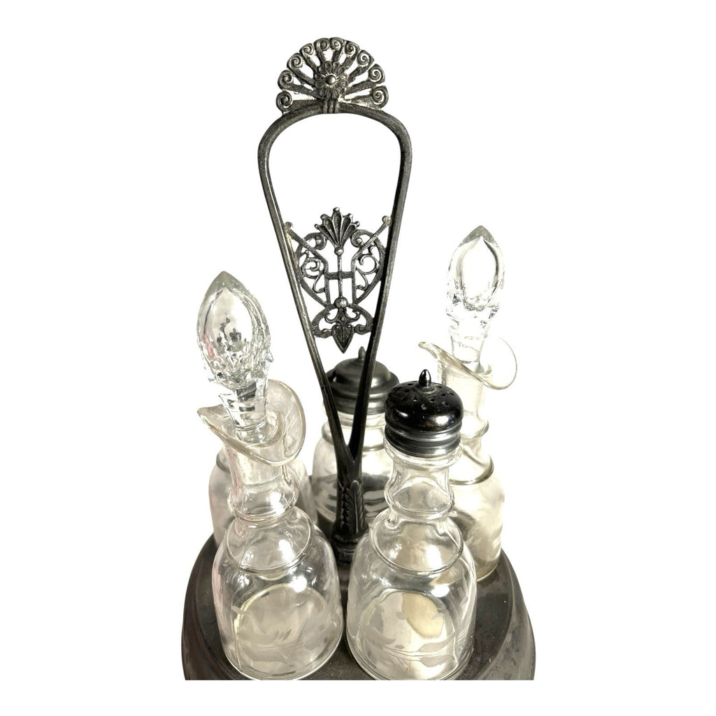Antique 5 Piece Spinning Silverplate Condiment Set