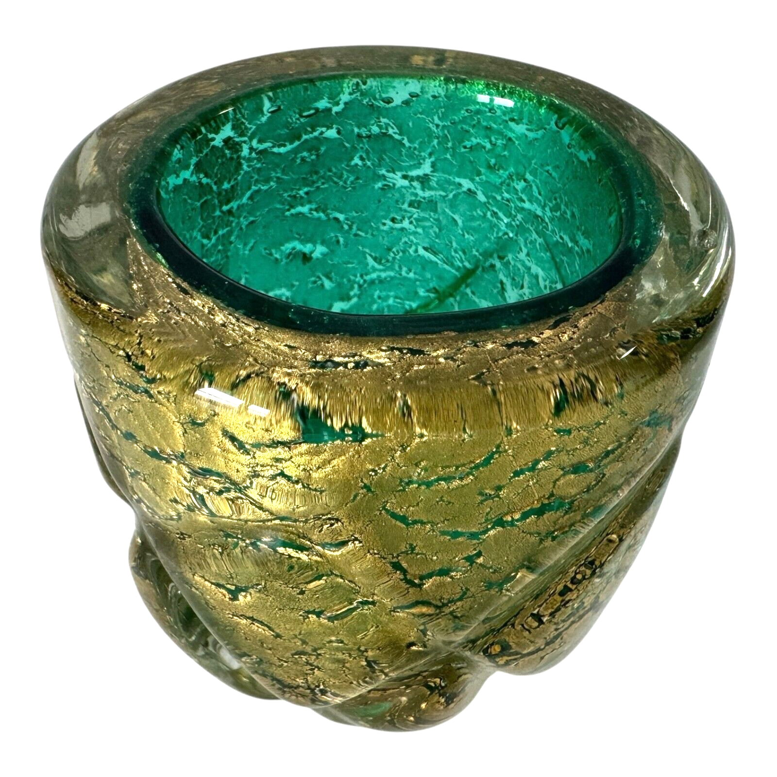 Vintage Murano Gold Leaf Green Glass Decorative Pocket Vase - Attr. to Seguso