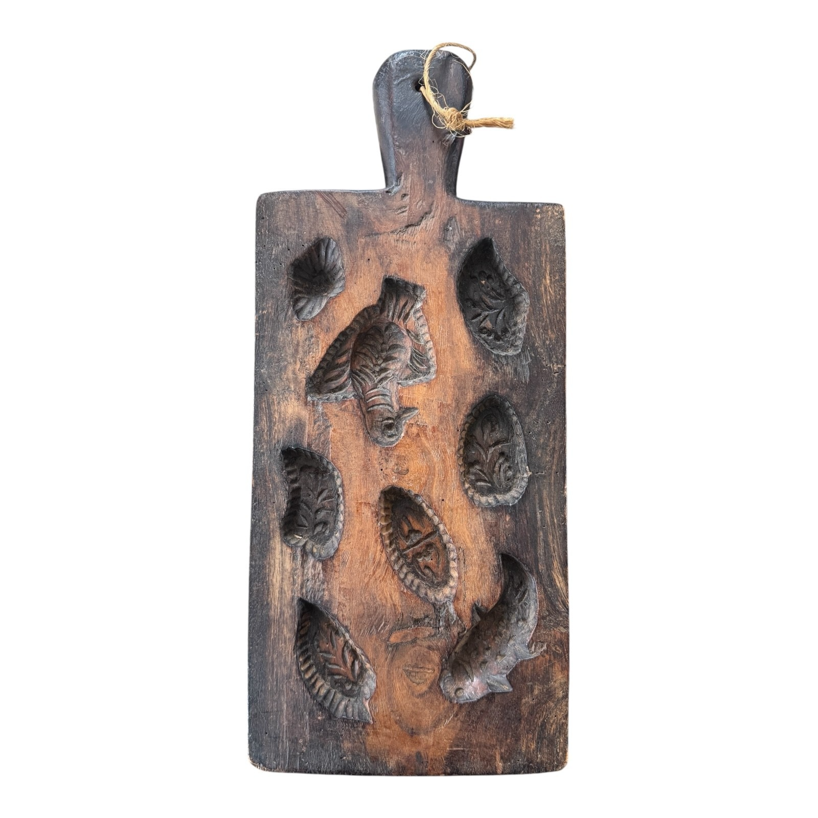 Antique Large Folk Art Hand-Carved Wooden Maple Sugar Mold - Bird & Leaf Designs