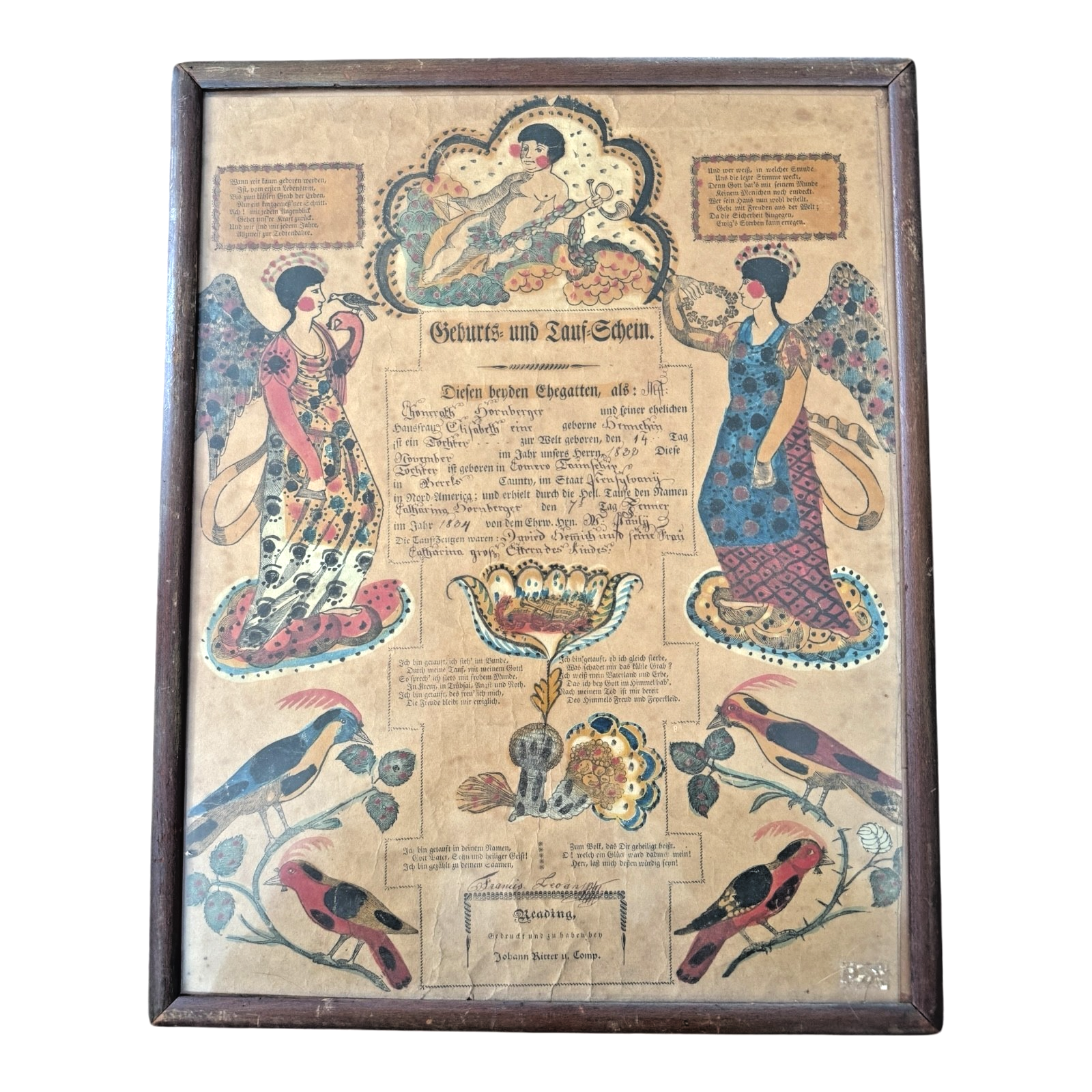 Antique Early 1800s Pennsylvania German Fraktur Birth & Baptismal Certificate