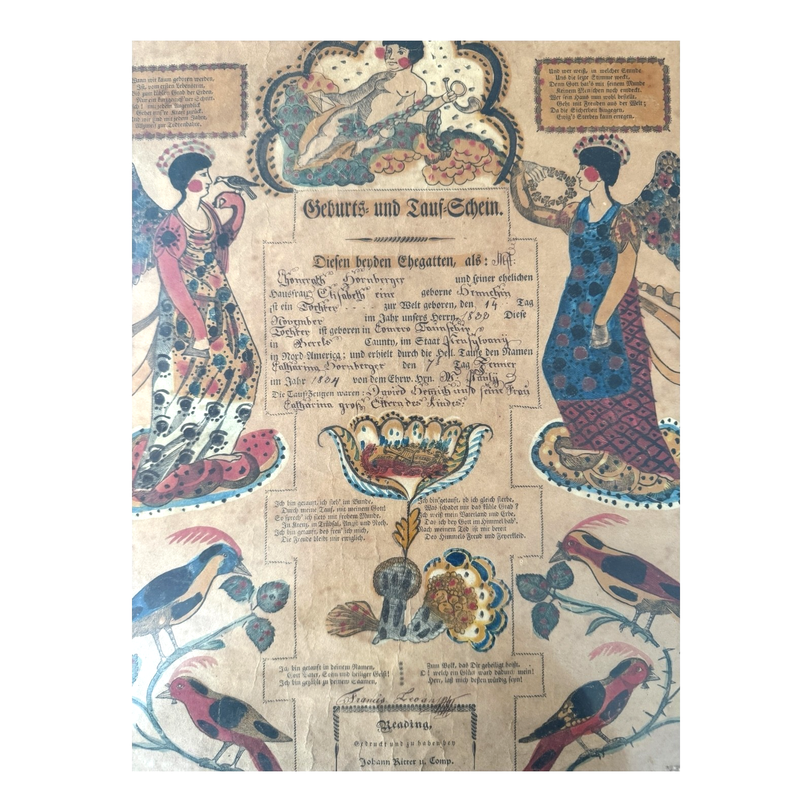 Antique Early 1800s Pennsylvania German Fraktur Birth & Baptismal Certificate