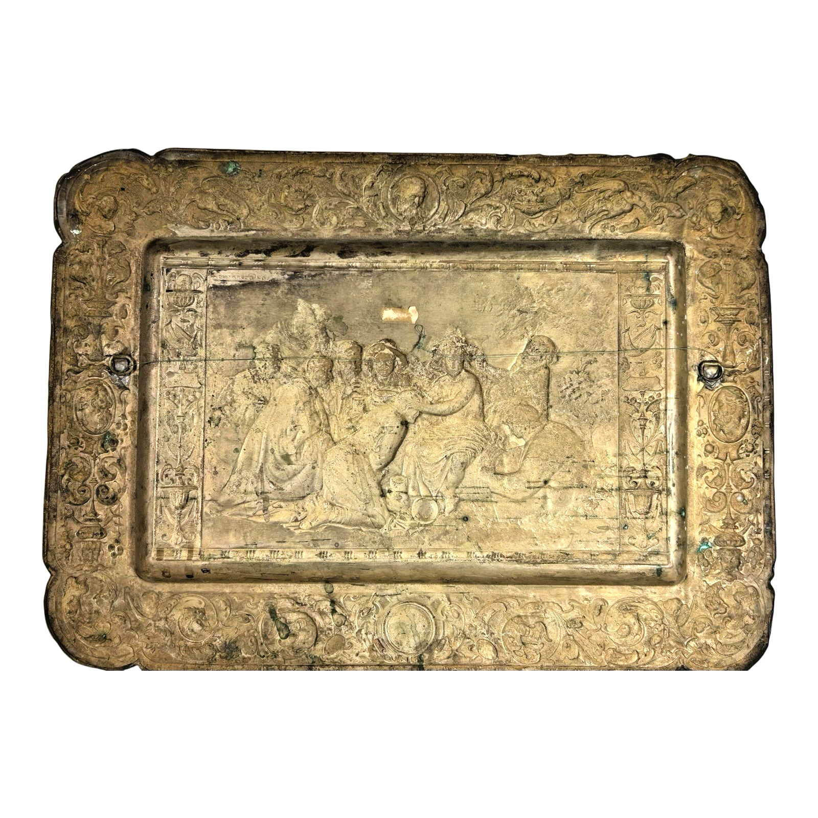 Antique Repousse Copper Relief Plaque Classical Figural Scene Wall Hanging