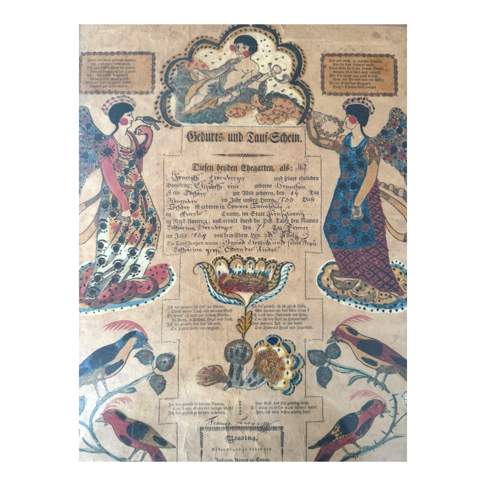 Antique Early 1800s Pennsylvania German Fraktur Birth & Baptismal Certificate