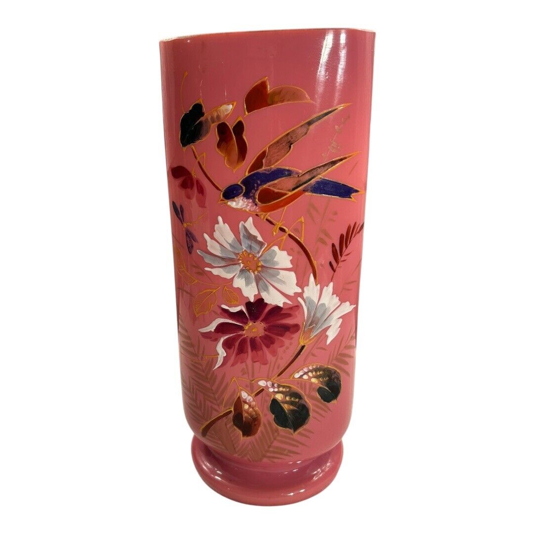 Antique French Painted Floral Opaline Pink Glass Vase (Cipher)