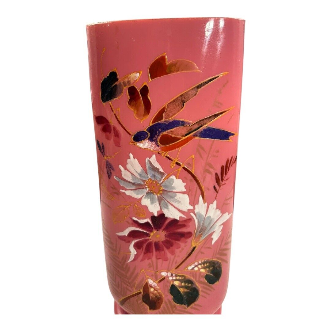 Antique French Painted Floral Opaline Pink Glass Vase (Cipher)