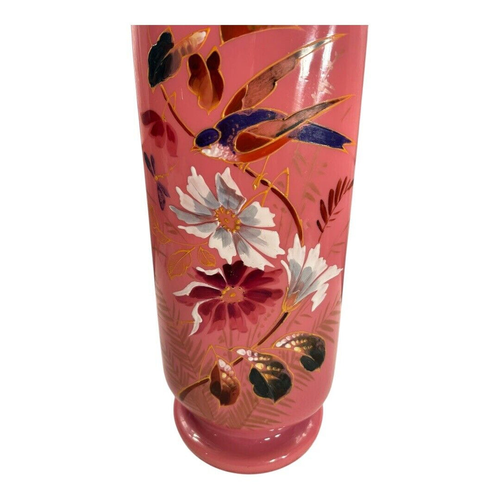 Antique French Painted Floral Opaline Pink Glass Vase (Cipher)