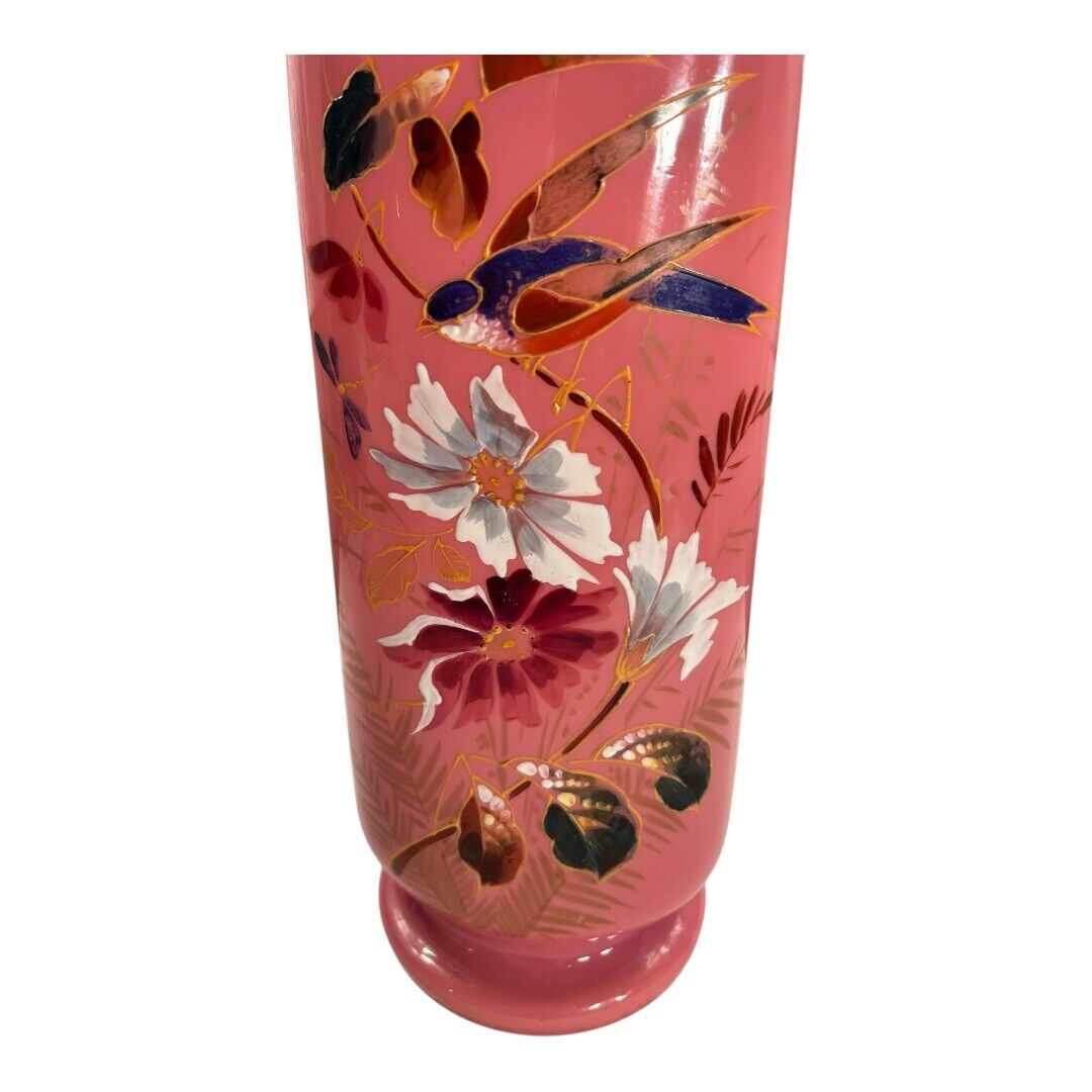 Antique French Painted Floral Opaline Pink Glass Vase (Cipher)