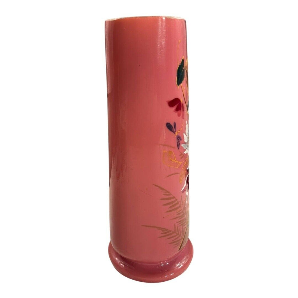 Antique French Painted Floral Opaline Pink Glass Vase (Cipher)