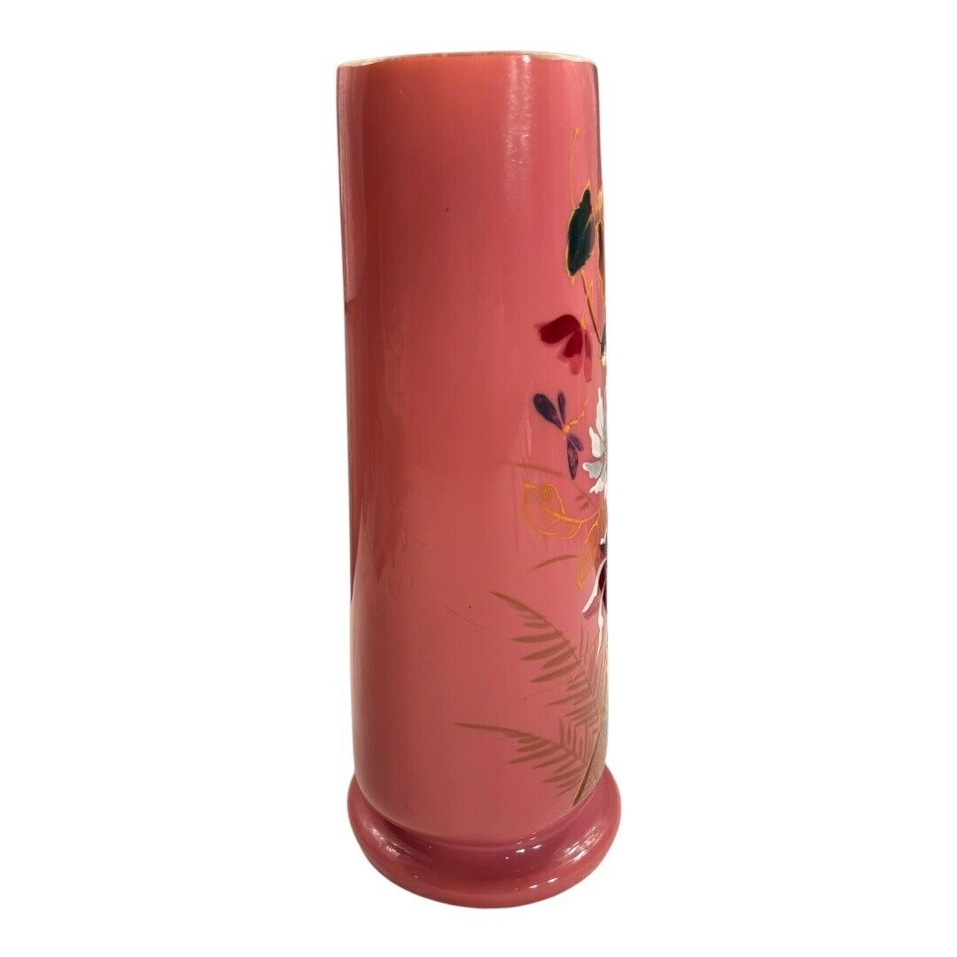 Antique French Painted Floral Opaline Pink Glass Vase (Cipher)