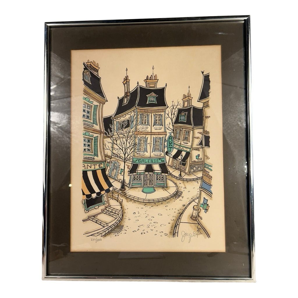 Vintage French Village Lithograph by Jacquest AKA Tom Wood Framed and Matted