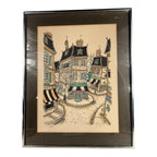 Vintage French Village Lithograph by Jacquest AKA Tom Wood Framed and Matted