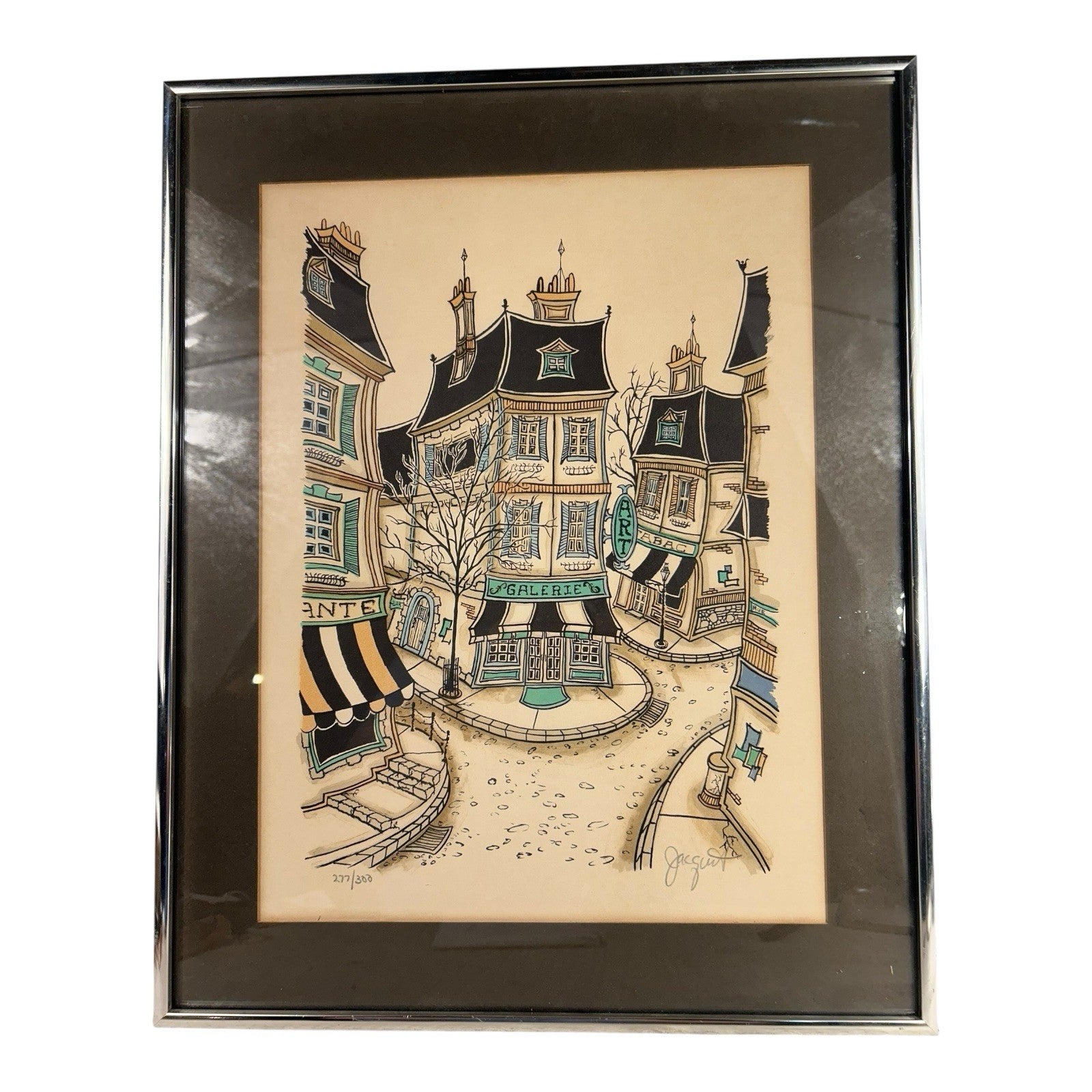 Vintage French Village Lithograph by Jacquest AKA Tom Wood Framed and Matted