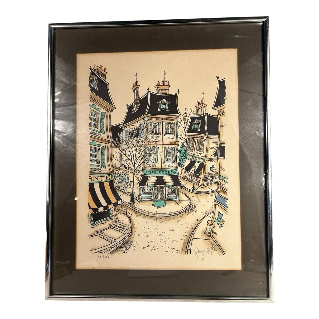Vintage French Village Lithograph by Jacquest AKA Tom Wood Framed and Matted