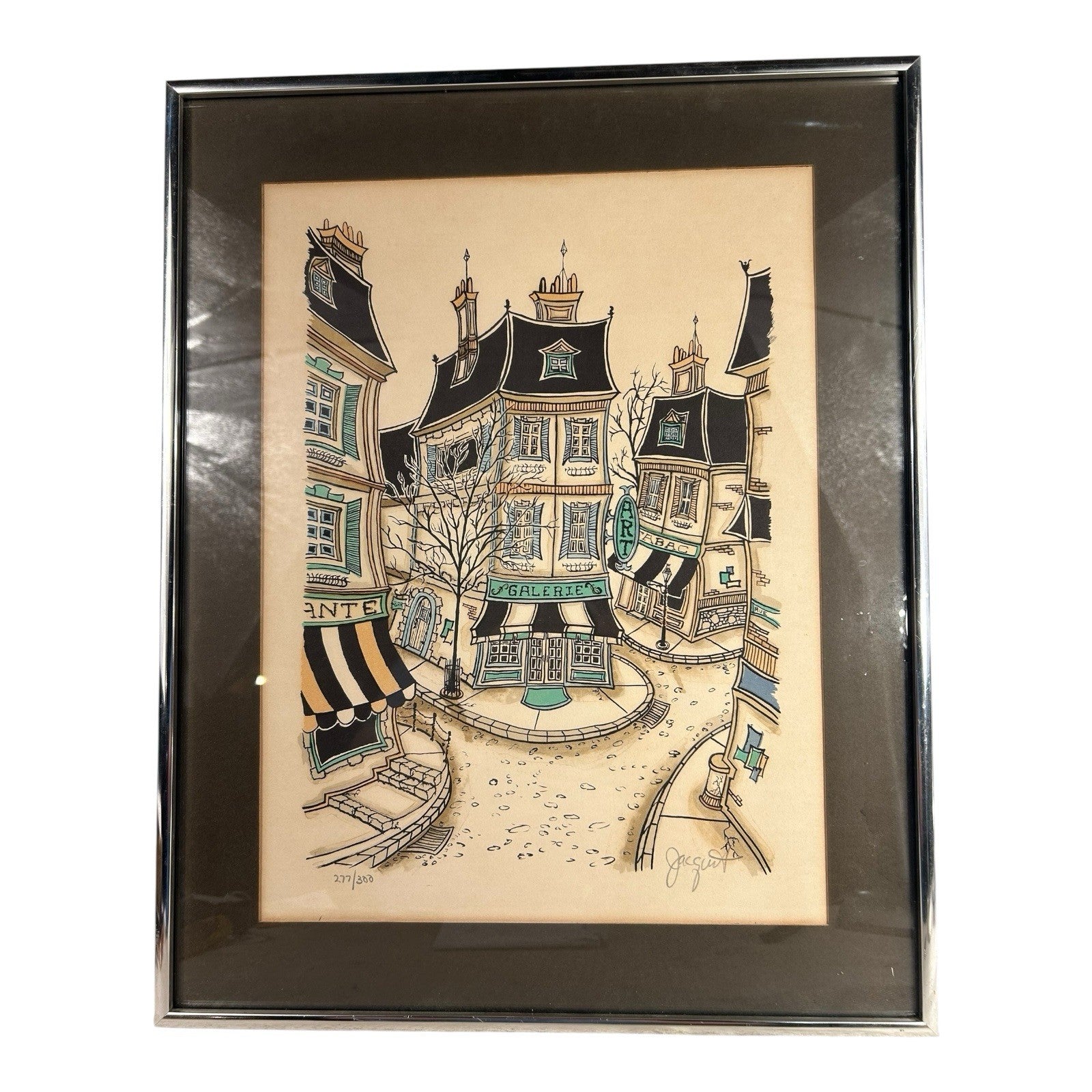 Vintage French Village Lithograph by Jacquest AKA Tom Wood Framed and Matted