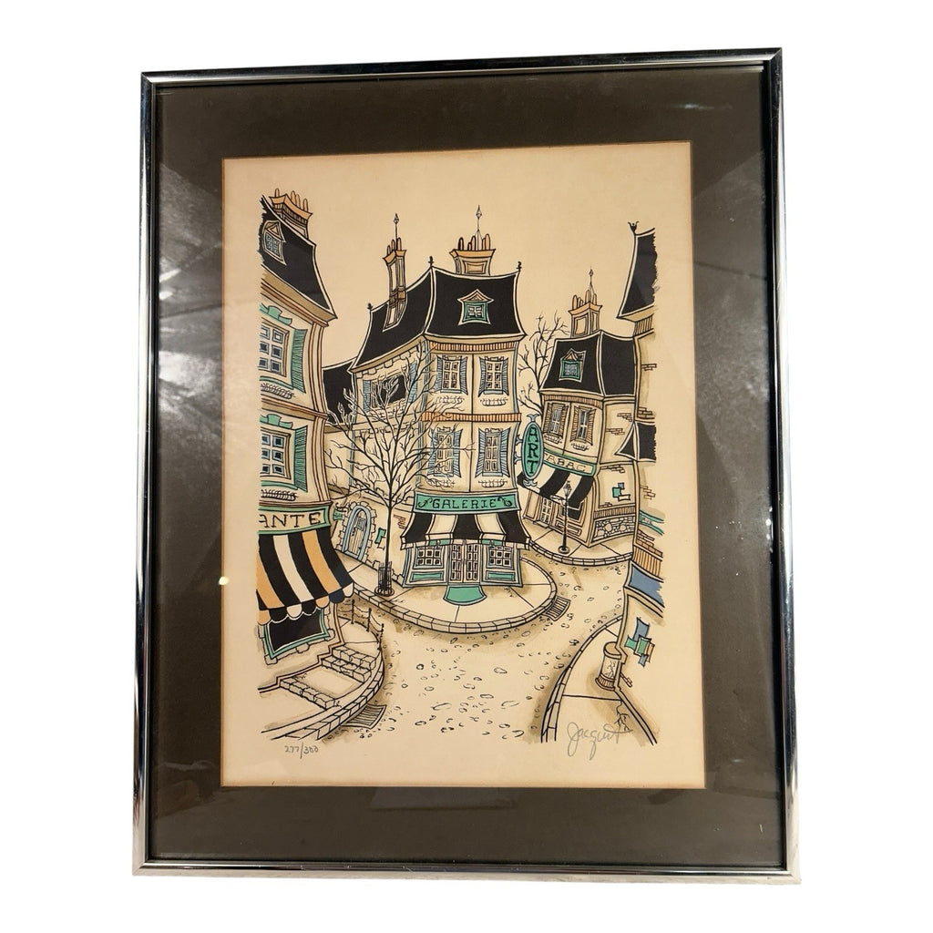 Vintage French Village Lithograph by Jacquest AKA Tom Wood Framed and Matted