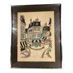 Vintage French Village Lithograph by Jacquest AKA Tom Wood Framed and Matted