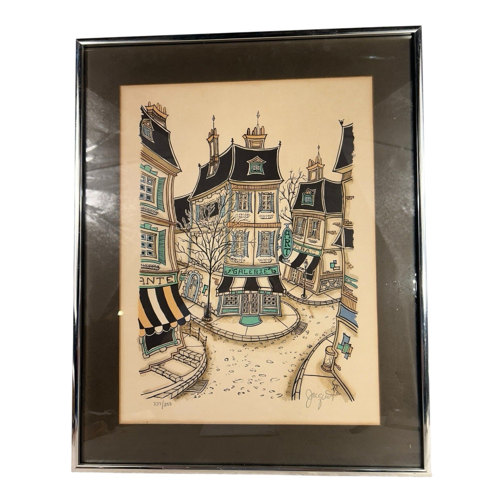 Vintage French Village Lithograph by Jacquest AKA Tom Wood Framed and Matted