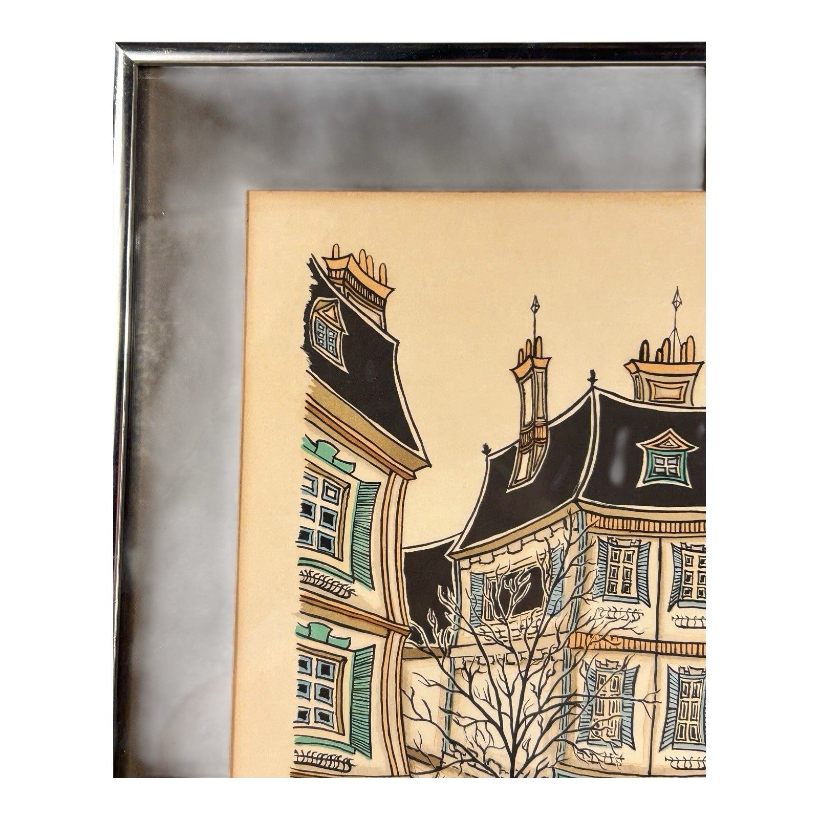 Vintage French Village Lithograph by Jacquest AKA Tom Wood Framed and Matted