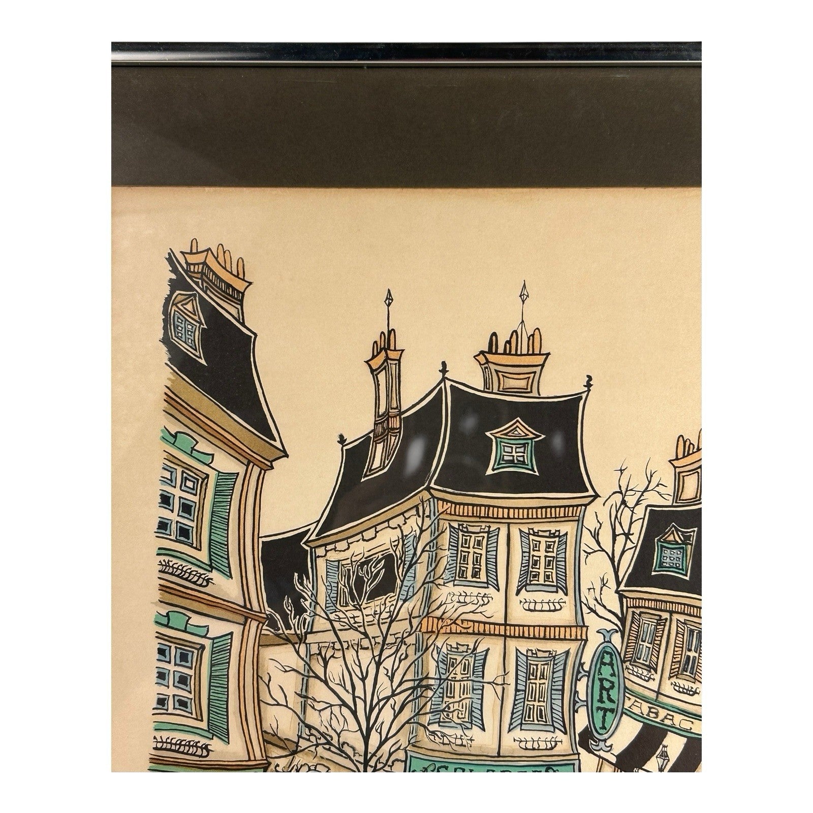 Vintage French Village Lithograph by Jacquest AKA Tom Wood Framed and Matted